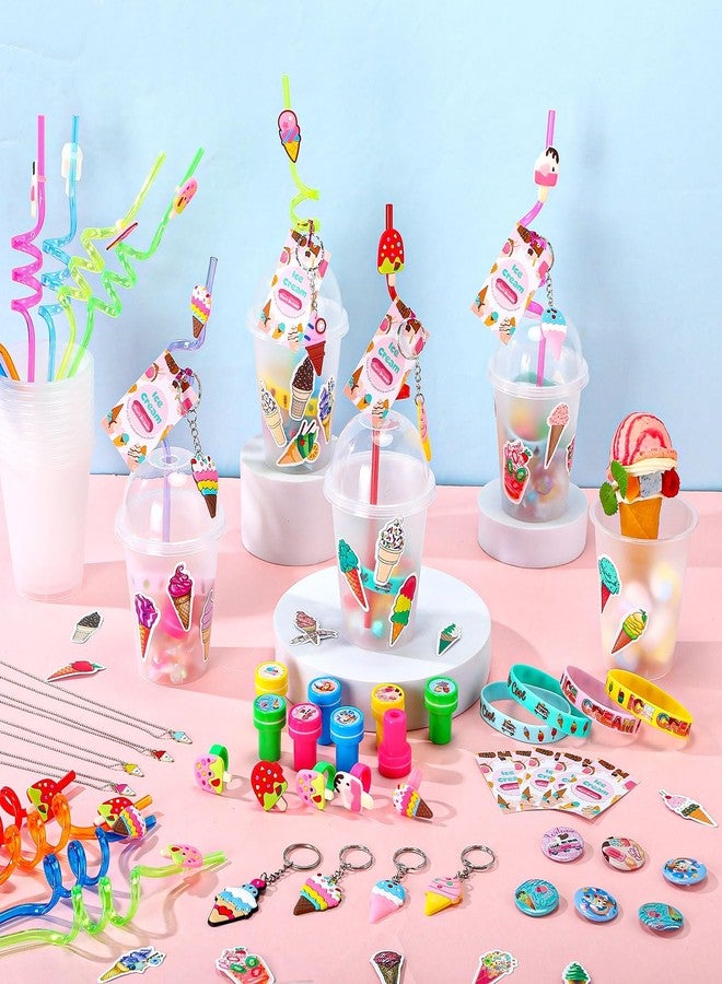 Chivertion 195 Pcs Ice Cream Birthday Party Favors Bulk for 16 Kids Include Keychain Necklace Silicone Bracelet Ring Badge Stamp Sticker Tags Twist Tie Cup Lid Straw for Summer Birthday Party Rewards - Image 4